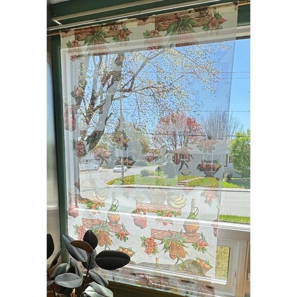 Vintage 60s curtain, fruits, baskets and wine bottles, kitchen panel, rod header - Picture 8 of 10